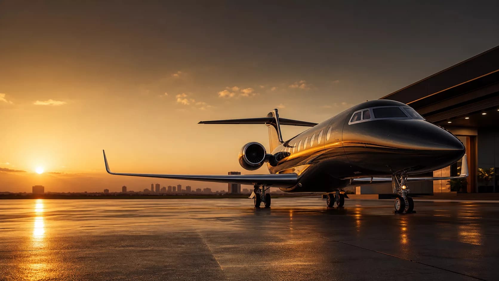 Private jet on a premium runway at golden hour